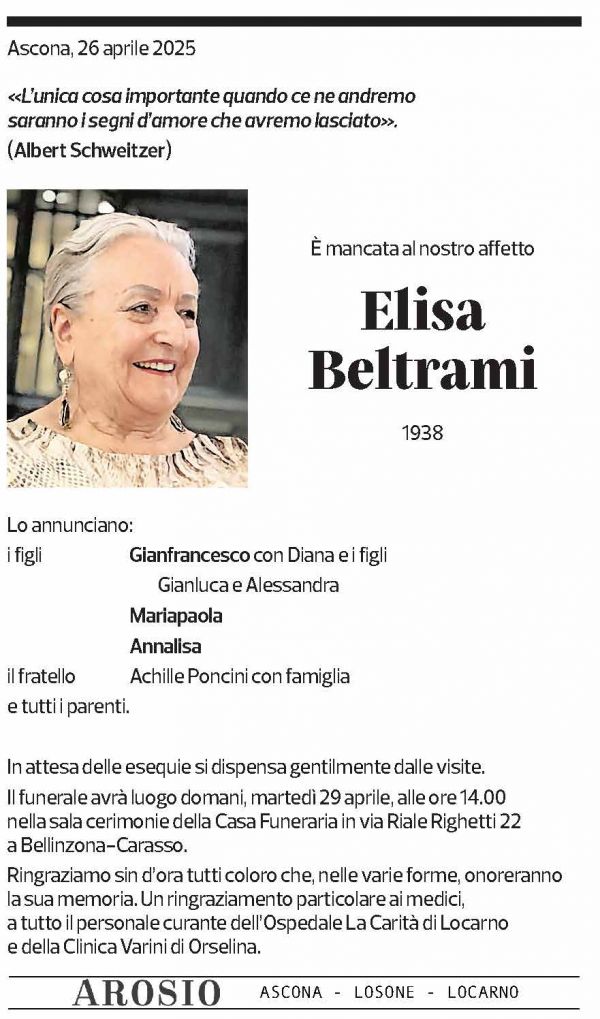 Annuncio funebre Elisa Beltrami