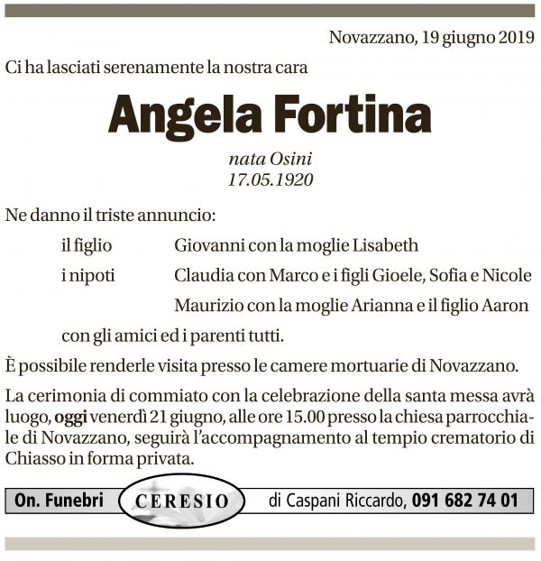 Annuncio funebre Angela Fortina