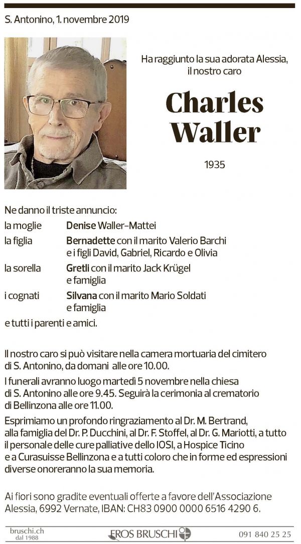Annuncio funebre Charles Waller