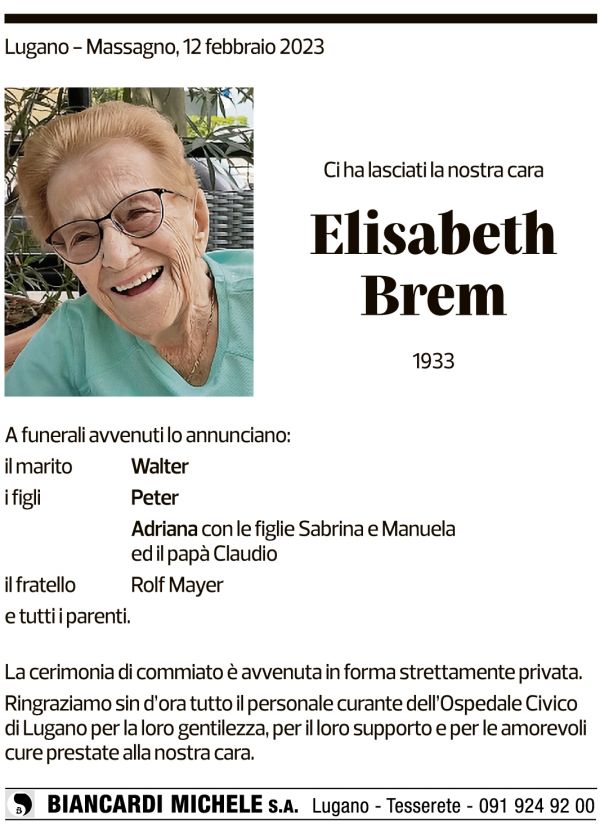 Annuncio funebre Elisabeth Bren