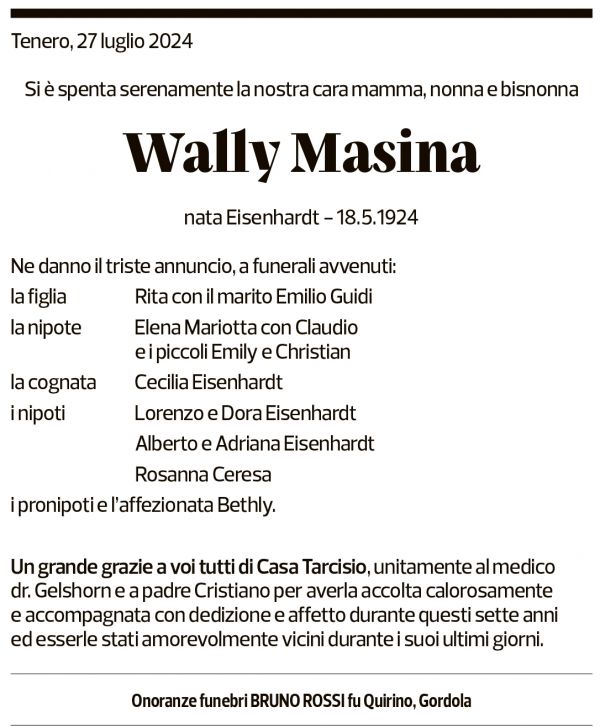 Annuncio funebre Wally Masina