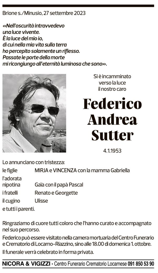 Annuncio funebre Federico Andrea Sutter