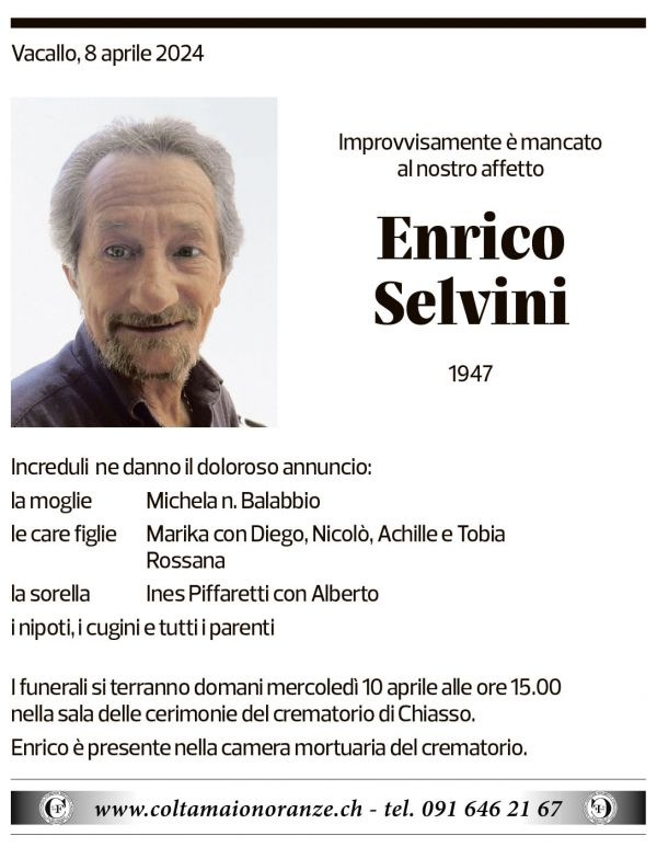 Annuncio funebre Enrico Selvini