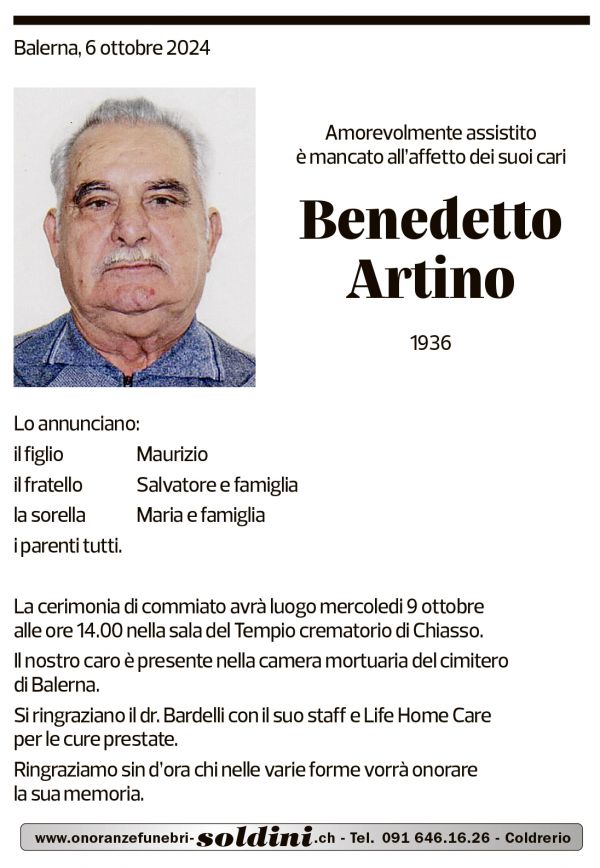 Annuncio funebre Benedetto Artino