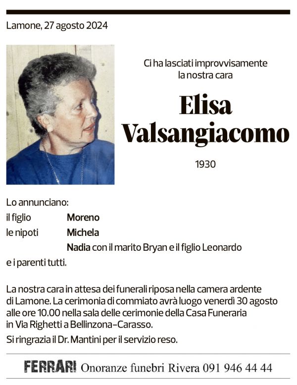 Annuncio funebre Elisa Valsangiacomo