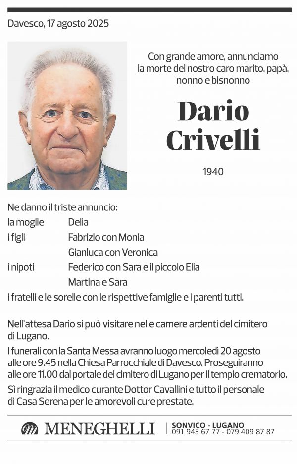 Annuncio funebre Dario Crivelli