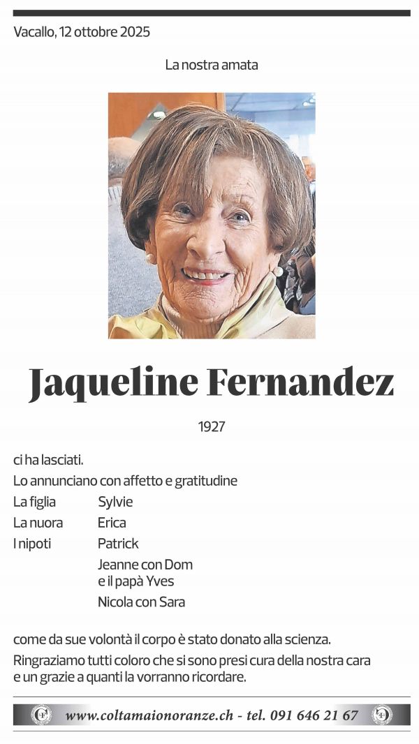 Annuncio funebre Jaqueline Fernandez