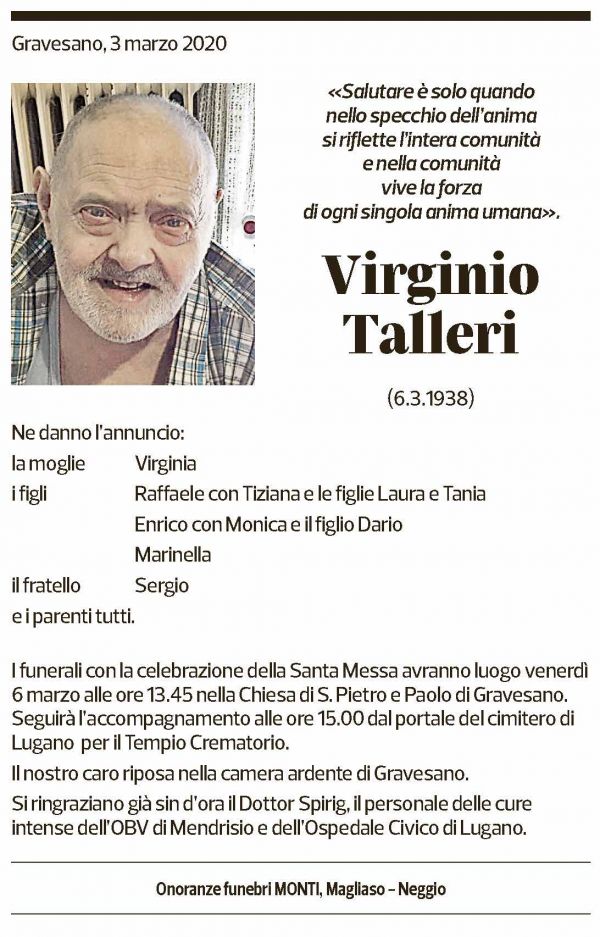 Annuncio funebre Virginio Talleri