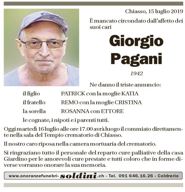 Annuncio funebre Giorgio Pagnani