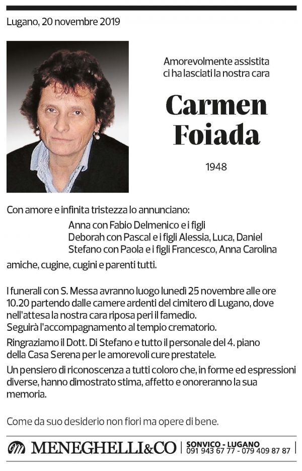 Annuncio funebre Carmen Foiada