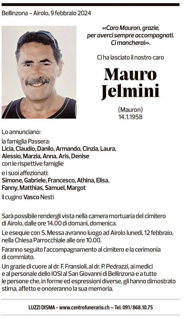 Annuncio funebre Mauro Jelmini