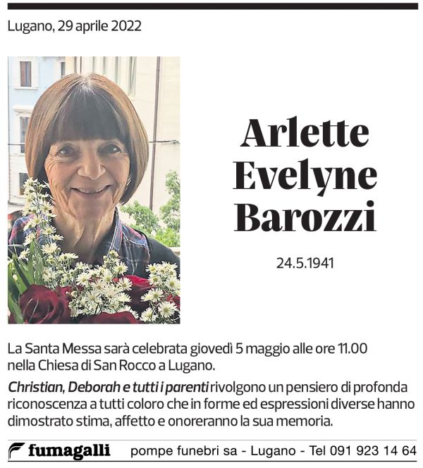 Annuncio funebre Arlette Evelyne Barozzi