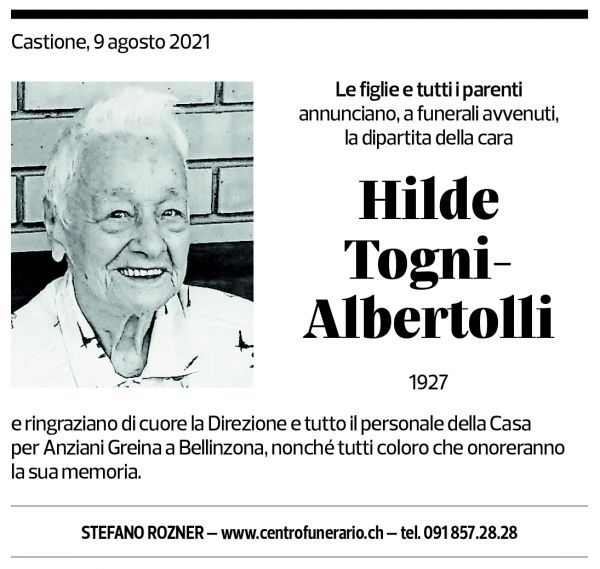 Annuncio funebre Hilde Togni-albertolli