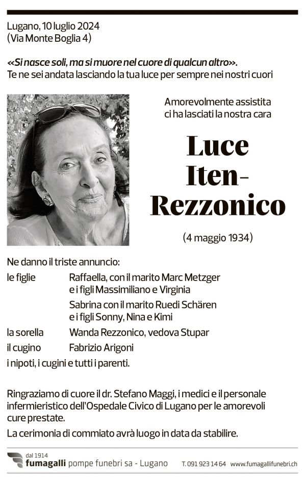 Annuncio funebre Luce Iten-rezzonico