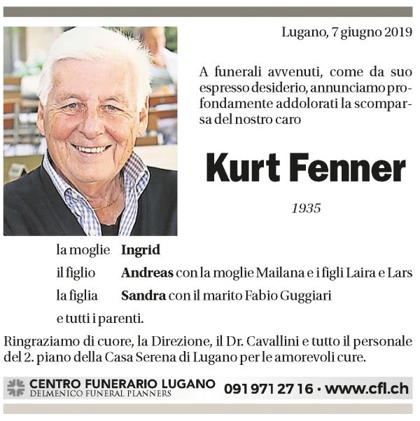 Annuncio funebre Kurt Fenner