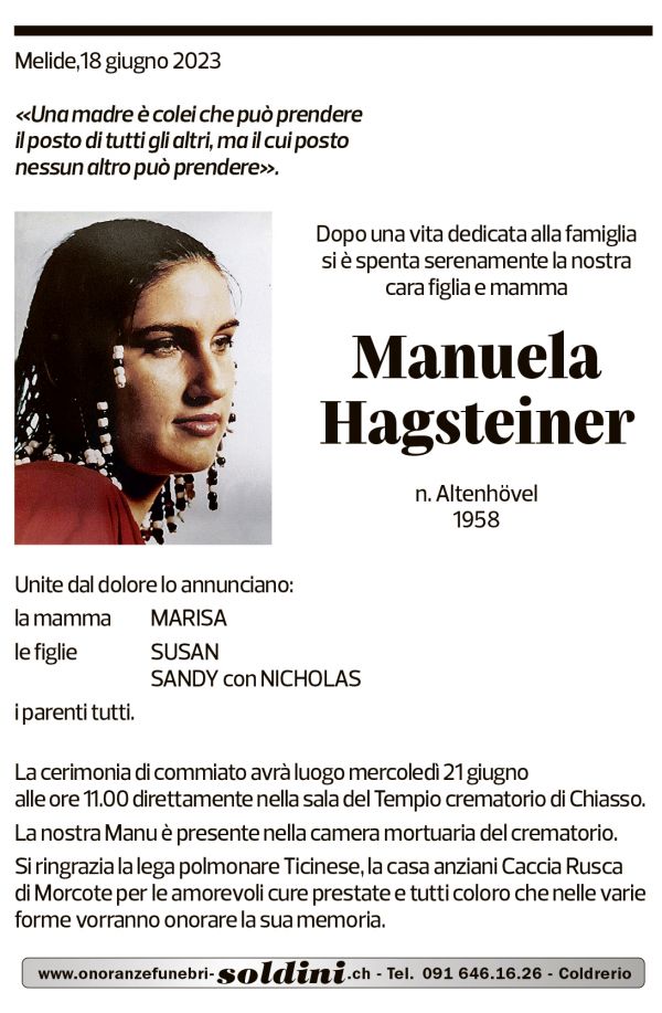 Annuncio funebre Manuela Hagsteiner