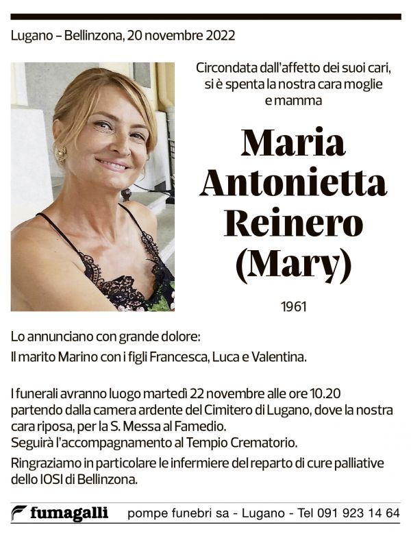 Annuncio funebre Maria Antonietta Reinero