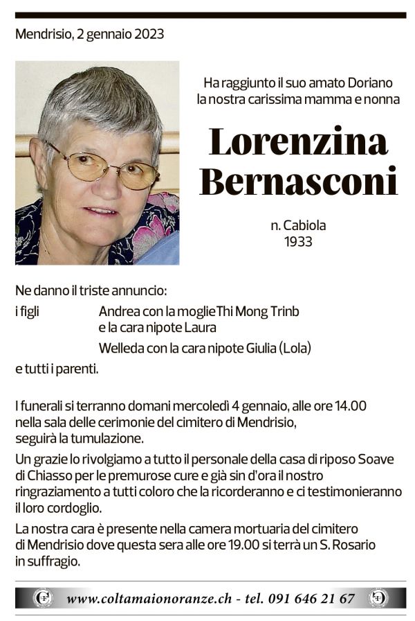 Annuncio funebre Lorenzina Bernasconi