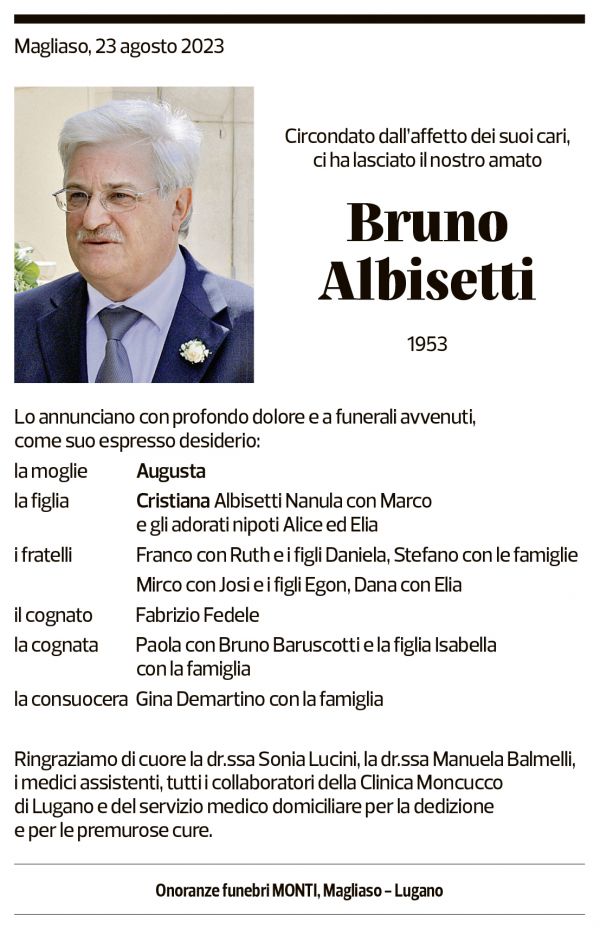 Annuncio funebre Bruno Albisetti