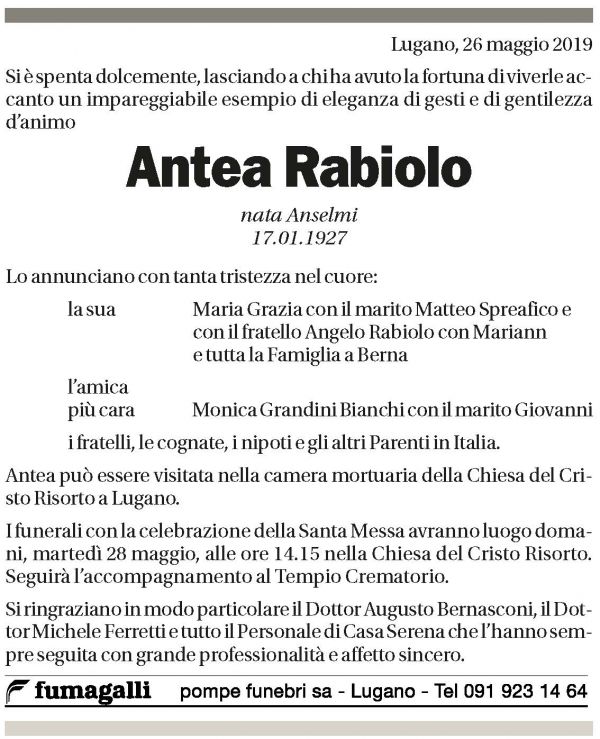 Annuncio funebre Antea Rabiolo
