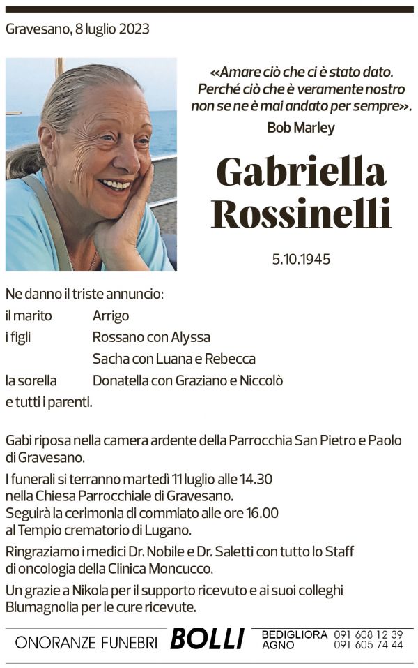 Annuncio funebre Gabriella Rossinelli