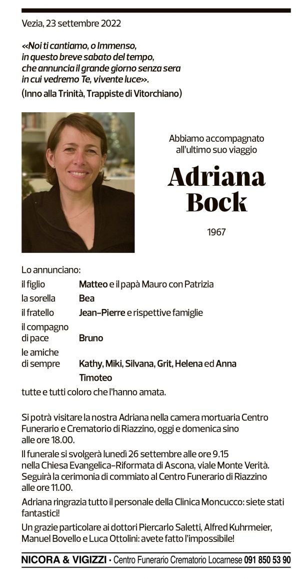 Annuncio funebre Adriana Bock