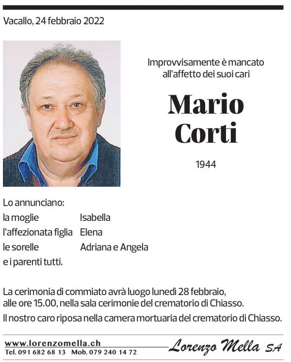 Annuncio funebre Mario Corti