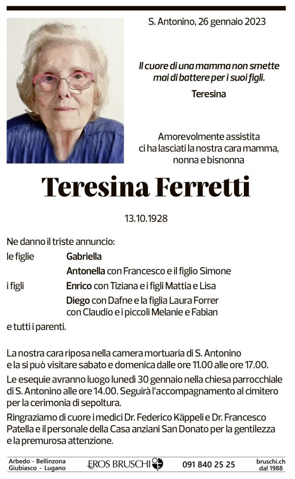 Annuncio funebre Teresina Ferretti