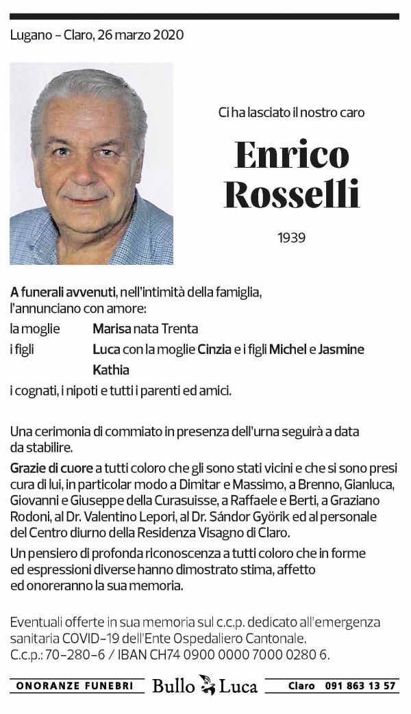 Annuncio funebre Enrico Rosselli