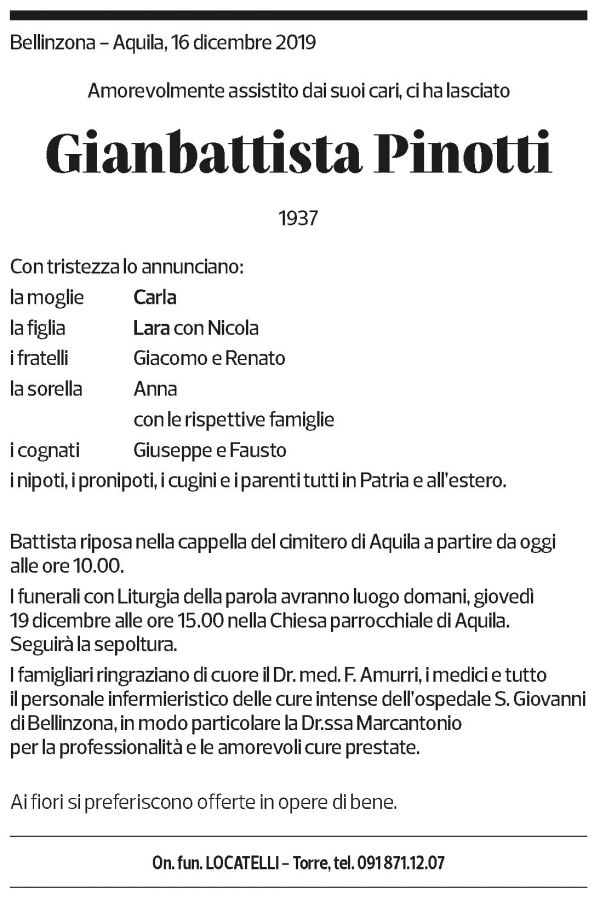 Annuncio funebre Gianbattista Pinotti