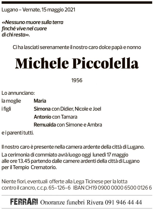 Annuncio funebre Michele Piccolella