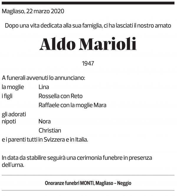 Annuncio funebre Aldo Marioli