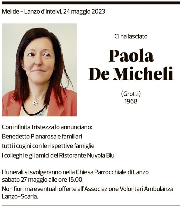 Annuncio funebre Paola De Micheli