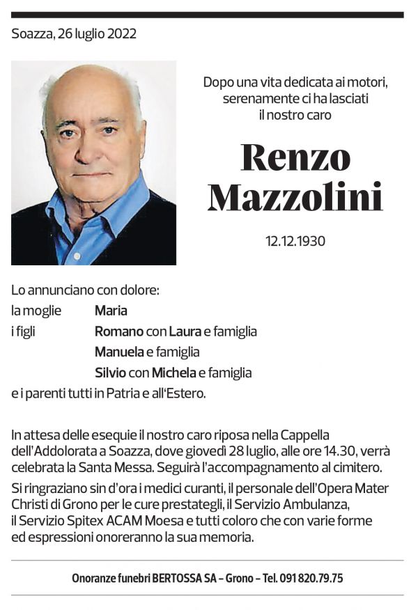 Annuncio funebre Renzo Mazzolini