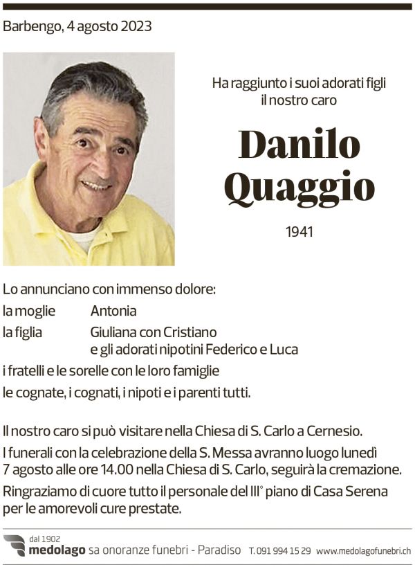 Annuncio funebre Danilo Quaggio