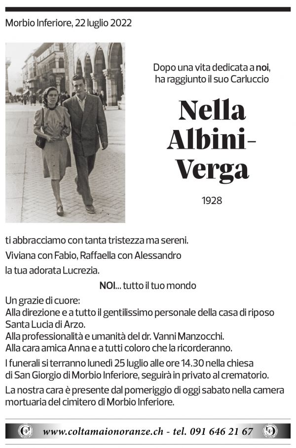 Annuncio funebre Nella Albini-verga