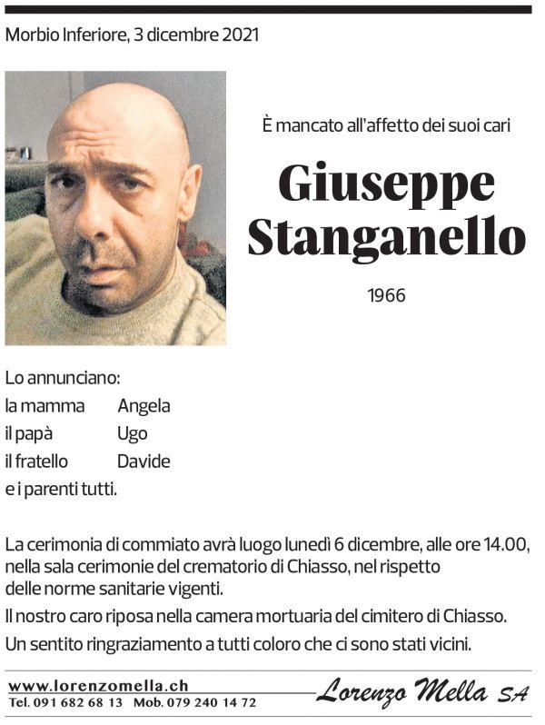 Annuncio funebre Giuseppe Stanganello