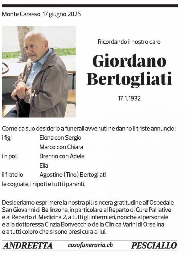 Annuncio funebre Giordano Bertogliati