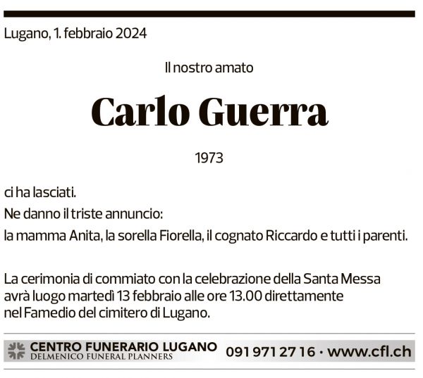 Annuncio funebre Carlo Guerra