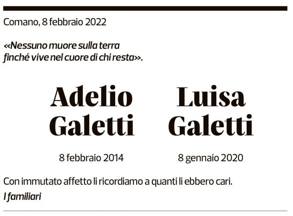 Annuncio funebre Adelio E Luisa Galetti