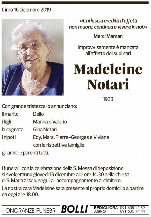 Annuncio funebre Madeleine Notari