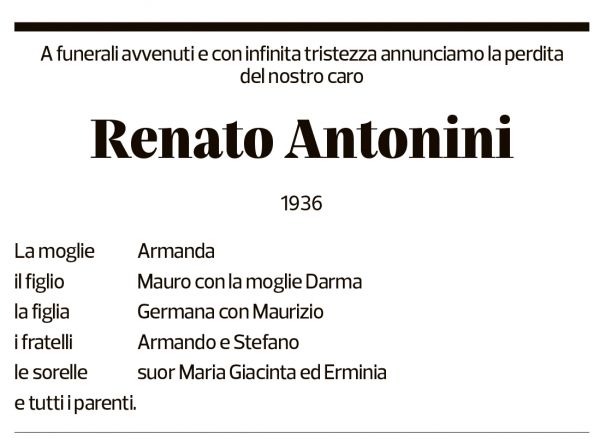 Annuncio funebre Renato Antonini