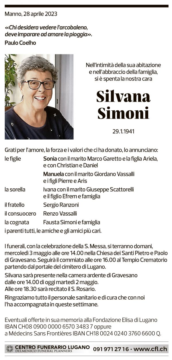 Annuncio funebre Silvana Simoni