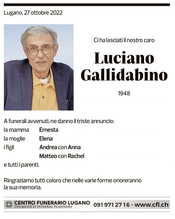 Annuncio funebre Luciano Gallidabino