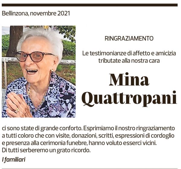 Annuncio funebre Mina Quattropani