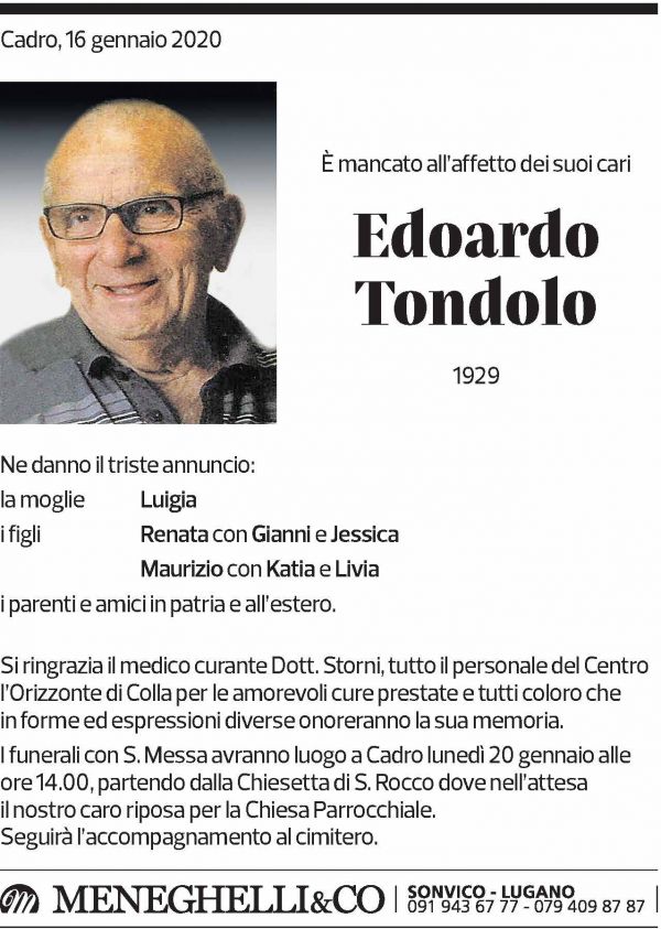 Annuncio funebre Edoardo Tondolo