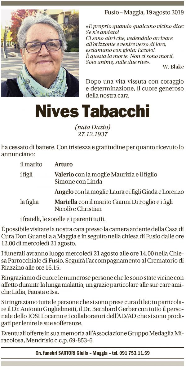 Annuncio funebre Nives Tabacchi