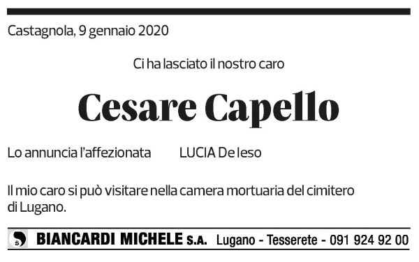 Annuncio funebre Cesare Capello