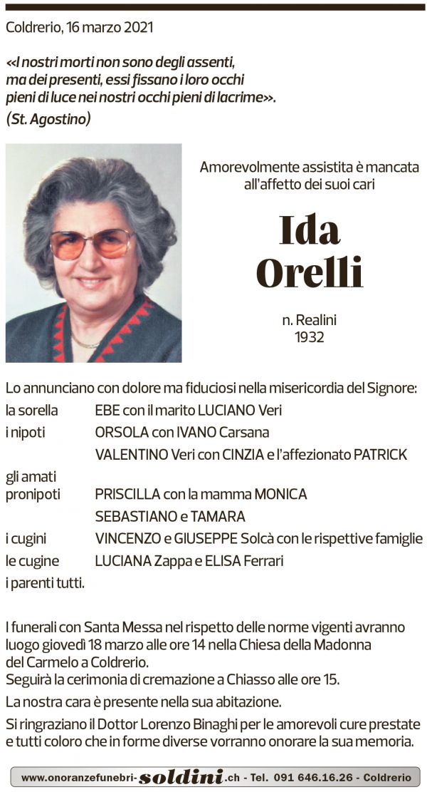 Annuncio funebre Ida Orelli