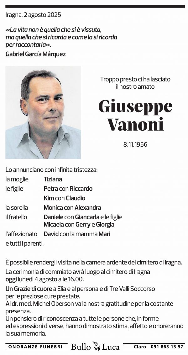 Annuncio funebre Giuseppe Vanoni